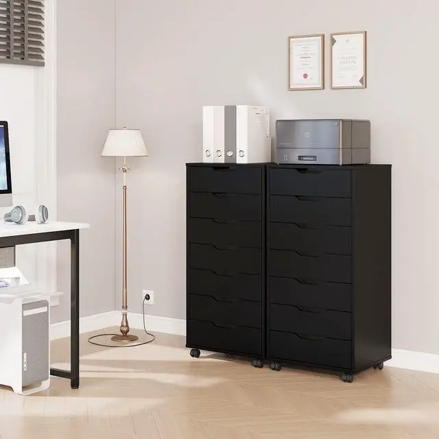 Alt view image 2 of 7 - 5/7 Drawer Chest, Wooden Tall Dresser Storage Dresser Cabinet with Wheels, Office Organization and Storage, Bedroom Furniture (Black, 7 Drawer)