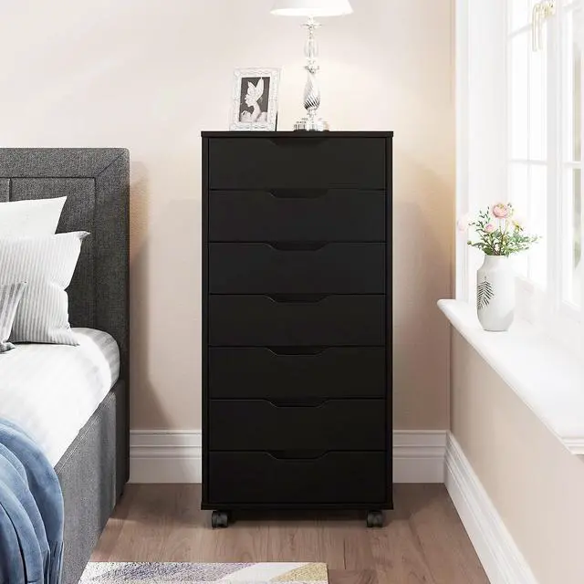 Alt view image 7 of 7 - 5/7 Drawer Chest, Wooden Tall Dresser Storage Dresser Cabinet with Wheels, Office Organization and Storage, Bedroom Furniture (Black, 7 Drawer)