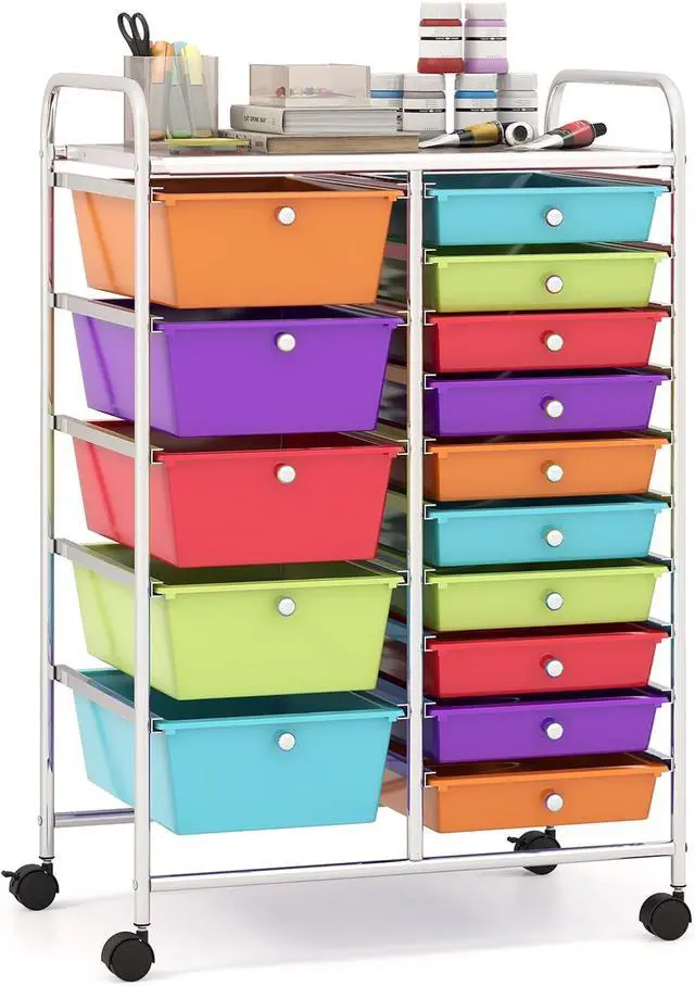 Main image of 15-Drawer Organizer Cart Office School Storage Cart Rolling Drawer Cart for Tools, Scrapbook, Paper (Multicolor)
