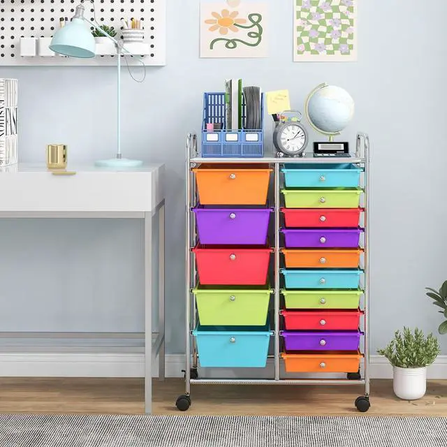 Alt view image 2 of 7 - 15-Drawer Organizer Cart Office School Storage Cart Rolling Drawer Cart for Tools, Scrapbook, Paper (Multicolor)