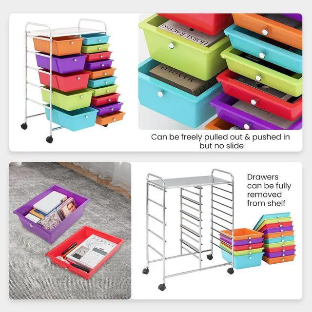 Alt view image 4 of 7 - 15-Drawer Organizer Cart Office School Storage Cart Rolling Drawer Cart for Tools, Scrapbook, Paper (Multicolor)