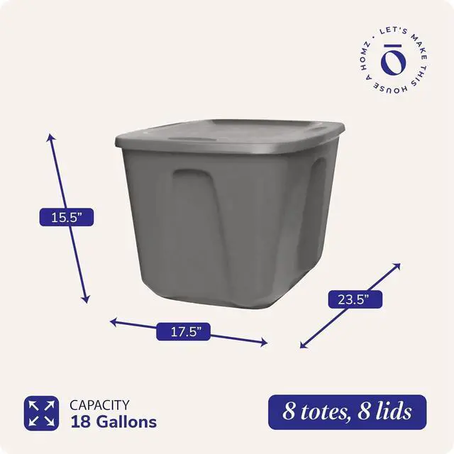 Alt view image 5 of 7 - Multipurpose 18 Gallon Stackable Plastic Storage Container Tote Bin with Secure Snap-On Lid for Home and Office Organization, Grey (8 Pack)