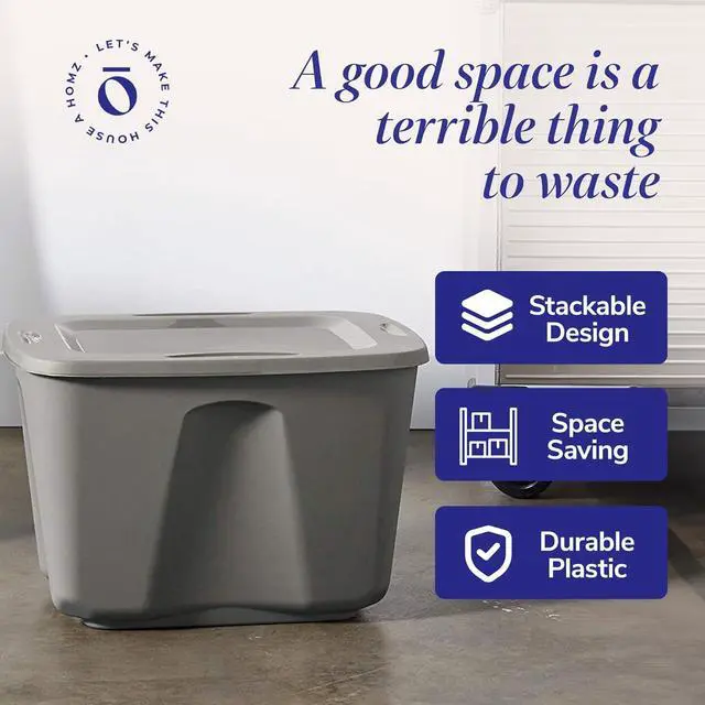 Alt view image 6 of 7 - Multipurpose 18 Gallon Stackable Plastic Storage Container Tote Bin with Secure Snap-On Lid for Home and Office Organization, Grey (8 Pack)