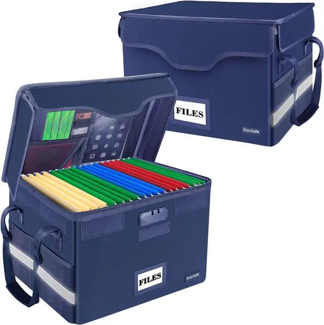 Main image of File Box Fireproof Document Box with Lock,File Storage Organizer Box with Insert Pockets,Collapsible Portable File Box Home Office File Cabinet Safe for Hanging Letter/Legal Folder,Blue,2 Pack