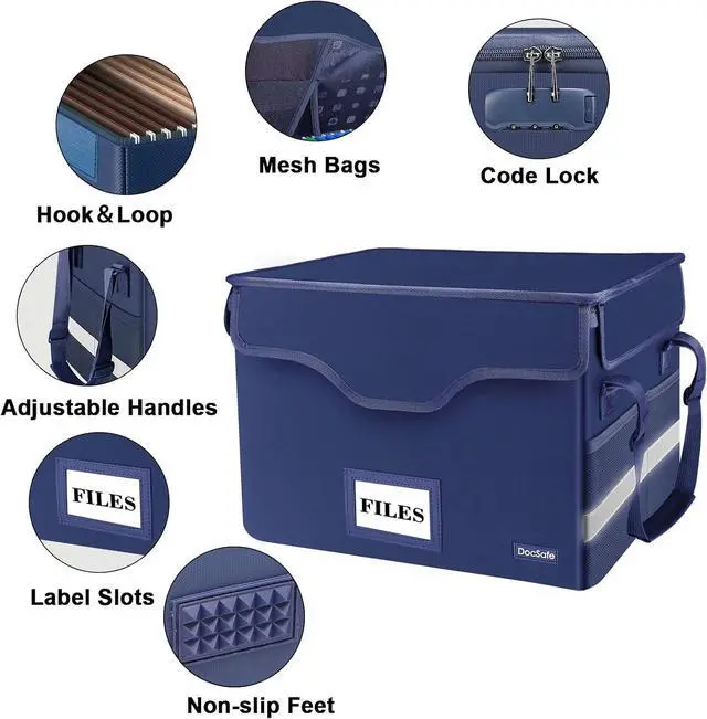 Alt view image 5 of 7 - File Box Fireproof Document Box with Lock,File Storage Organizer Box with Insert Pockets,Collapsible Portable File Box Home Office File Cabinet Safe for Hanging Letter/Legal Folder,Blue,2 Pack
