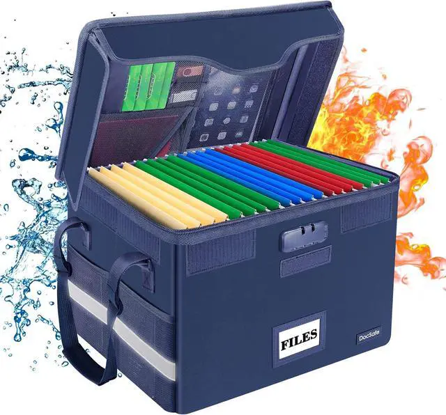 Alt view image 2 of 7 - File Box Fireproof Document Box with Lock,File Storage Organizer Box with Insert Pockets,Collapsible Portable File Box Home Office File Cabinet Safe for Hanging Letter/Legal Folder,Blue,2 Pack