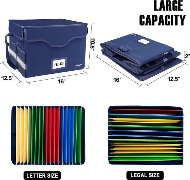 Alt view image 6 of 7 - File Box Fireproof Document Box with Lock,File Storage Organizer Box with Insert Pockets,Collapsible Portable File Box Home Office File Cabinet Safe for Hanging Letter/Legal Folder,Blue,2 Pack