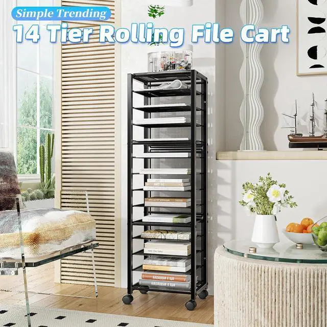 Alt view image 2 of 7 - Trending 14 Tier Rolling File Cart, Desk File Organizer with Sliding Trays and Wetal Mesh Paper Letter Storage Multi-Functional Rolling Clutter Cart for Office, Home, School, Black