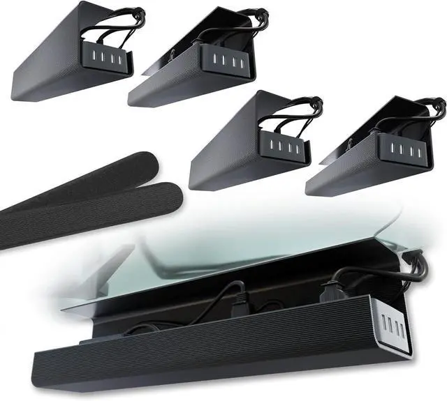Main image of No-Screw Under Desk Cable Management Tray - Self-Adhesive Installation, Cord Management, Cable Tray, Under Desk Wire Organizer - Black Set of 4