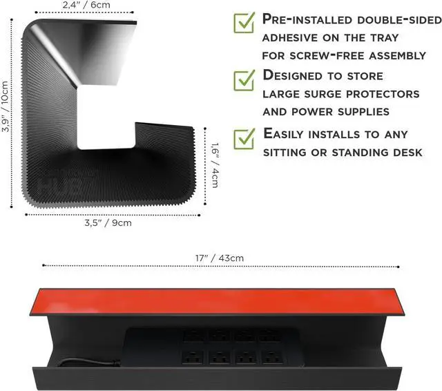 Alt view image 6 of 7 - No-Screw Under Desk Cable Management Tray - Self-Adhesive Installation, Cord Management, Cable Tray, Under Desk Wire Organizer - Black Set of 4