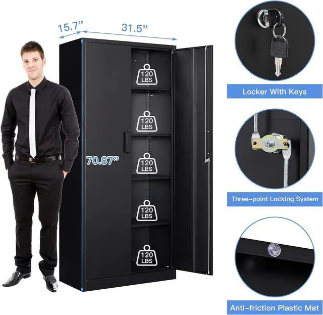 Alt view image 2 of 7 - Metal Garage Storage Cabinet with 2 Doors and 5 Adjustable Shelves - 71" Steel Lockable File Cabinet,Locking Tool Cabinets for Office,Home,Garage,Gym,School (Black)