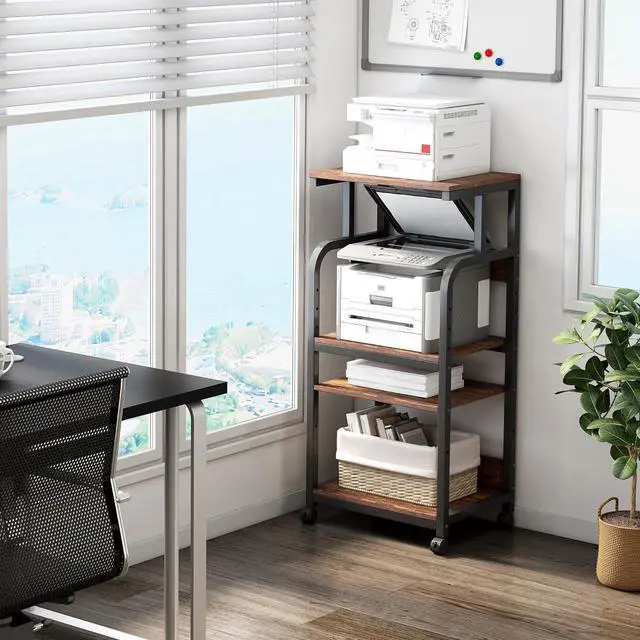 Alt view image 3 of 7 - 4-Tier Printer Stand with Adjustable Storage Shelf, Large Tall Table Wheels for Home Office Small Spaces Organization, Rustic Brown by DT