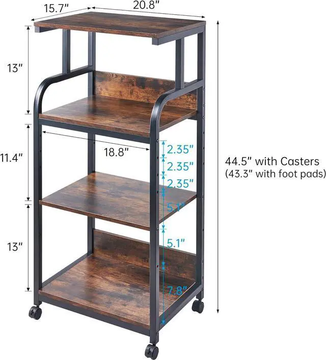 Alt view image 6 of 7 - 4-Tier Printer Stand with Adjustable Storage Shelf, Large Tall Table Wheels for Home Office Small Spaces Organization, Rustic Brown by DT