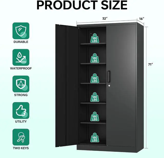 Alt view image 3 of 7 - Metal Storage Cabinets with Lock Doors,Tall Locker Organizer Steel Garage Cabinets, 5 Adjustable Layers Shelves for Home, Office, Warehouse,Tool,Industrial(Black)