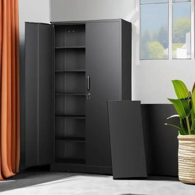 Alt view image 6 of 7 - Metal Storage Cabinets with Lock Doors,Tall Locker Organizer Steel Garage Cabinets, 5 Adjustable Layers Shelves for Home, Office, Warehouse,Tool,Industrial(Black)