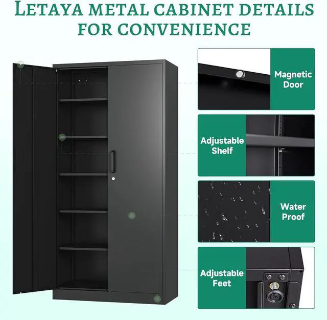Alt view image 7 of 7 - Metal Storage Cabinets with Lock Doors,Tall Locker Organizer Steel Garage Cabinets, 5 Adjustable Layers Shelves for Home, Office, Warehouse,Tool,Industrial(Black)