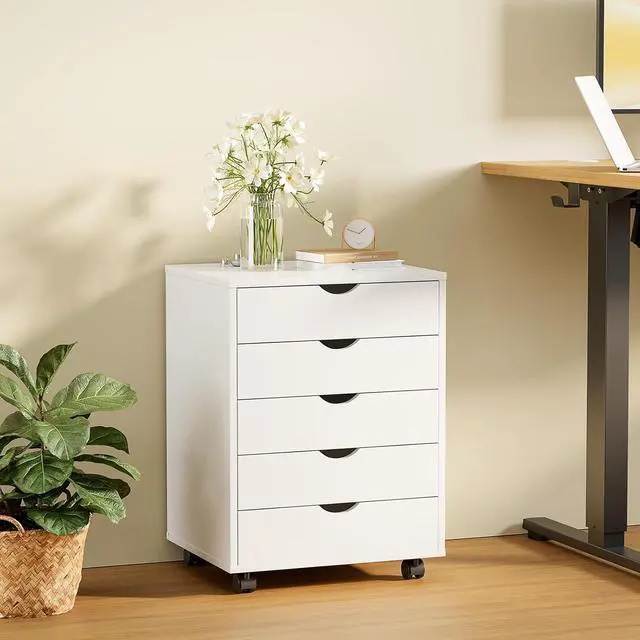 Alt view image 2 of 6 - 5 Drawer Chest Mobile Storage Cabinets Small Wooden Dresser with Wheels Room Organization Furniture for Office Home, White Wood