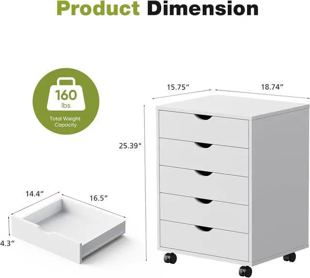 Alt view image 3 of 6 - 5 Drawer Chest Mobile Storage Cabinets Small Wooden Dresser with Wheels Room Organization Furniture for Office Home, White Wood