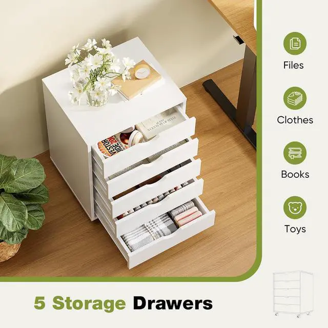 Alt view image 5 of 6 - 5 Drawer Chest Mobile Storage Cabinets Small Wooden Dresser with Wheels Room Organization Furniture for Office Home, White Wood