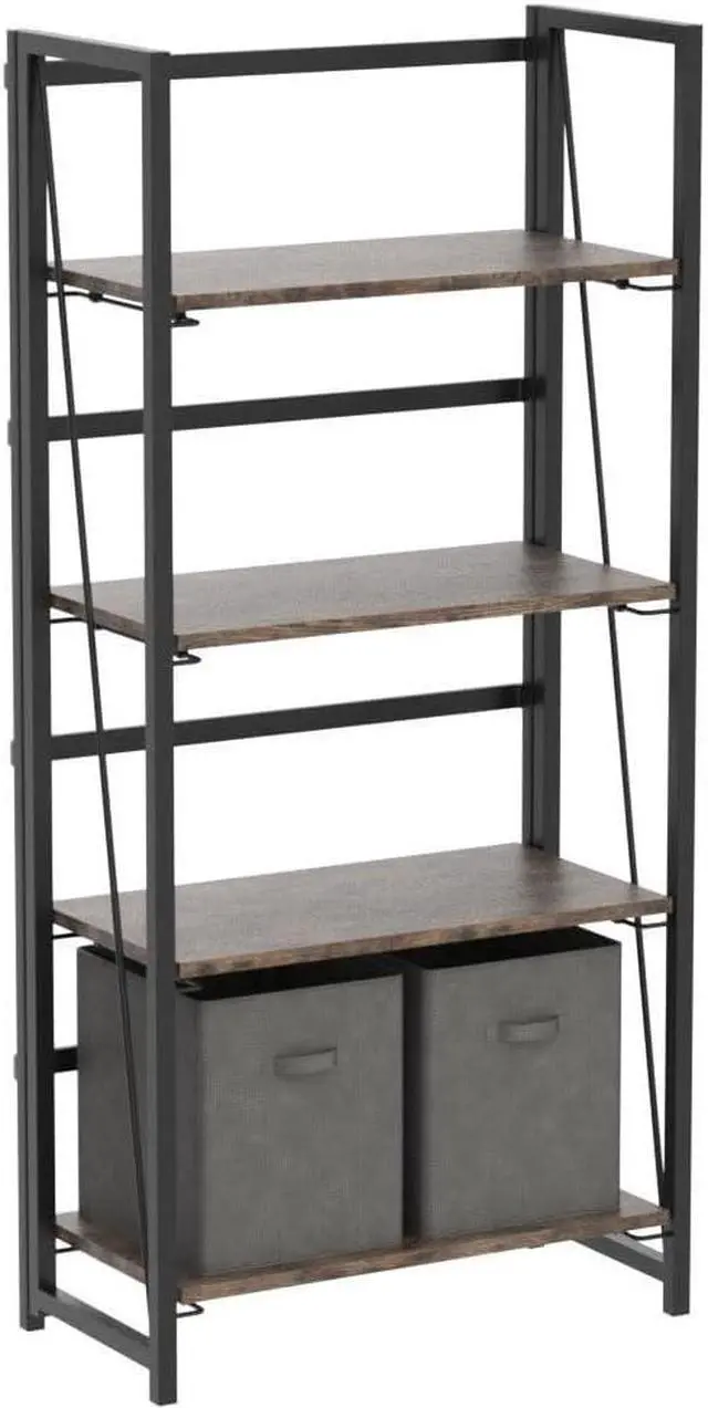 Alt view image 5 of 7 - No-Assembly Folding Bookshelf Storage Shelves 4 Tiers Vintage Bookcase Standing Racks Study Organizer Home Office (Rustic Brown and Black)
