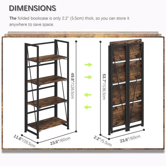 Alt view image 3 of 7 - No-Assembly Folding Bookshelf Storage Shelves 4 Tiers Vintage Bookcase Standing Racks Study Organizer Home Office (Rustic Brown and Black)
