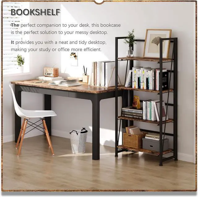 Alt view image 4 of 7 - No-Assembly Folding Bookshelf Storage Shelves 4 Tiers Vintage Bookcase Standing Racks Study Organizer Home Office (Rustic Brown and Black)