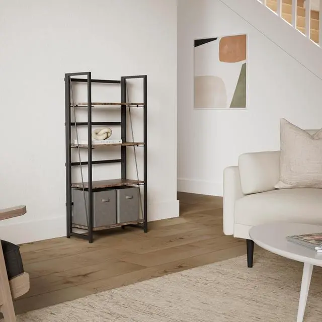 Alt view image 2 of 7 - No-Assembly Folding Bookshelf Storage Shelves 4 Tiers Vintage Bookcase Standing Racks Study Organizer Home Office (Rustic Brown and Black)