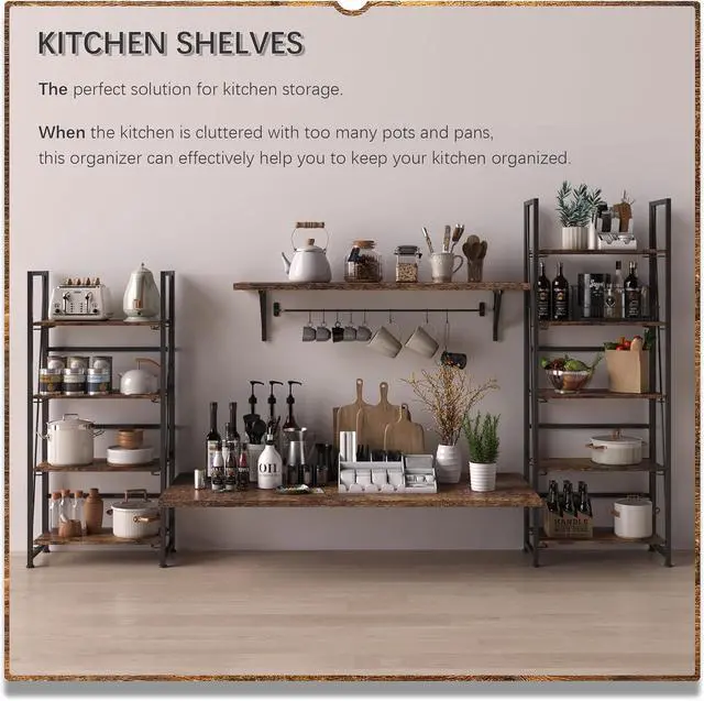Alt view image 6 of 7 - No-Assembly Folding Bookshelf Storage Shelves 4 Tiers Vintage Bookcase Standing Racks Study Organizer Home Office (Rustic Brown and Black)