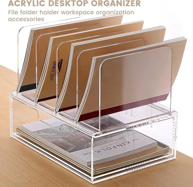 Alt view image 2 of 7 - Desk Organizers and Accessories, Acrylic Desk Organizer with Drawer, Office Supplies Organization Storage, Clear Acrylic File Organizer for Desk - 1 Pack