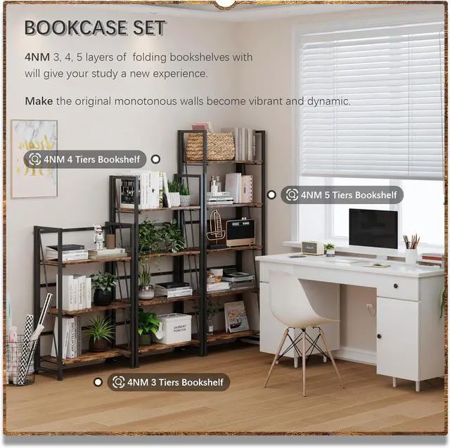 Alt view image 7 of 7 - No-Assembly Folding Bookshelf Storage Shelves 4 Tiers Vintage Bookcase Standing Racks Study Organizer Home Office (Rustic Brown and Black)