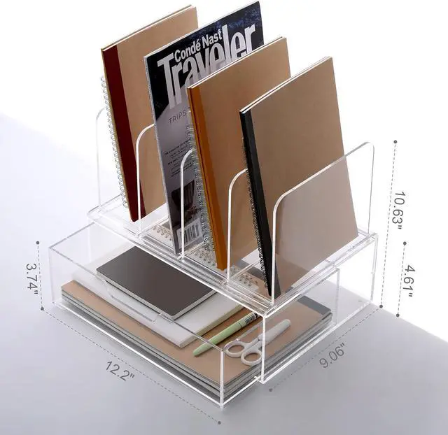 Alt view image 3 of 7 - Desk Organizers and Accessories, Acrylic Desk Organizer with Drawer, Office Supplies Organization Storage, Clear Acrylic File Organizer for Desk - 1 Pack