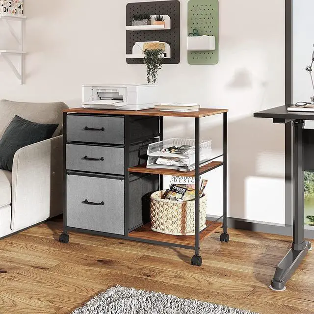 Alt view image 2 of 6 - 3 Drawer Mobile File Cabinet, Rolling Printer Stand with Open Storage Shelf, Fabric Lateral Filing Cabinet fits A4 or Letter Size for Home Office, Rustic Brown