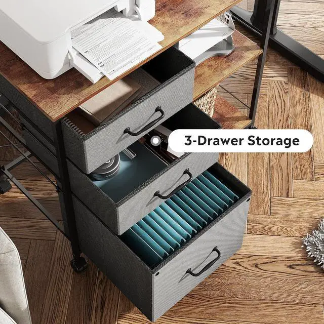 Alt view image 4 of 6 - 3 Drawer Mobile File Cabinet, Rolling Printer Stand with Open Storage Shelf, Fabric Lateral Filing Cabinet fits A4 or Letter Size for Home Office, Rustic Brown