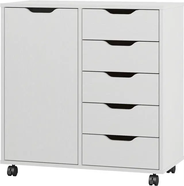 Main image of 5-Drawer Chest with 1 Door, Wooden Chest of Drawers Storage Dresser Cabinet with Wheels, Office Organization and Storage, Bedroom Furniture (White-S)
