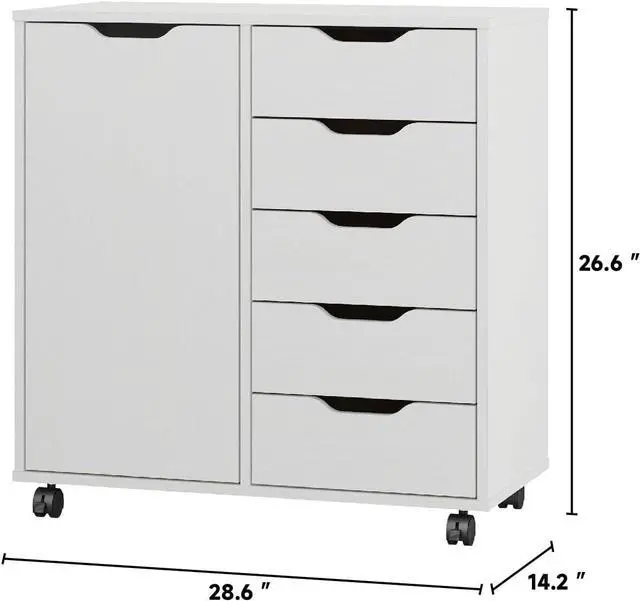 Alt view image 3 of 7 - 5-Drawer Chest with 1 Door, Wooden Chest of Drawers Storage Dresser Cabinet with Wheels, Office Organization and Storage, Bedroom Furniture (White-S)