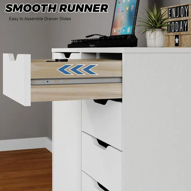 Alt view image 6 of 7 - 5-Drawer Chest with 1 Door, Wooden Chest of Drawers Storage Dresser Cabinet with Wheels, Office Organization and Storage, Bedroom Furniture (White-S)