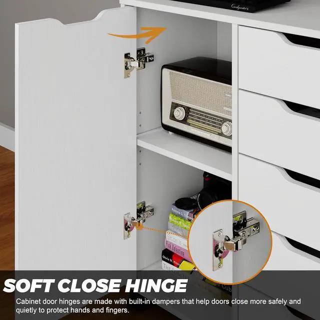 Alt view image 7 of 7 - 5-Drawer Chest with 1 Door, Wooden Chest of Drawers Storage Dresser Cabinet with Wheels, Office Organization and Storage, Bedroom Furniture (White-S)