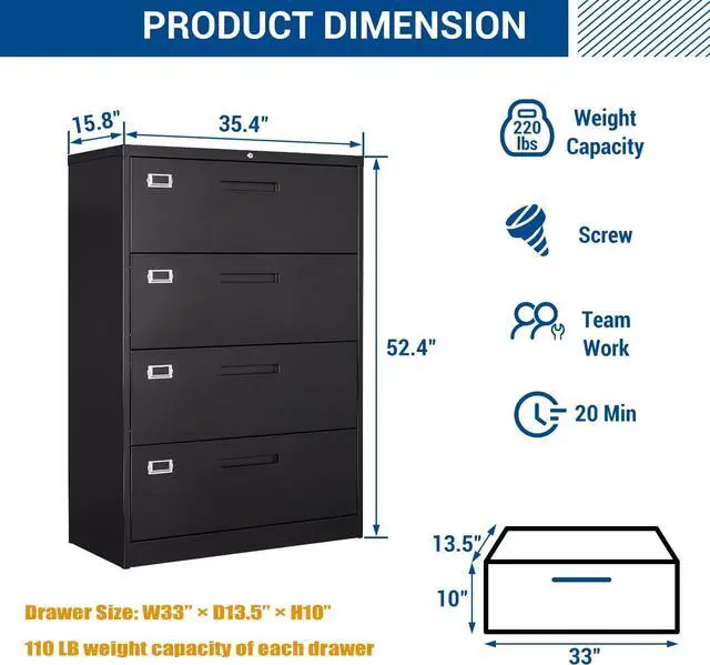 Alt view image 3 of 7 - Lateral File Cabinet with Lock, 4 Drawer Large Metal Filing Cabinet,Home Office Lockable Storage Cabinet for Hanging Files Letter/Legal/F4/A4 Size-Assembly Required
