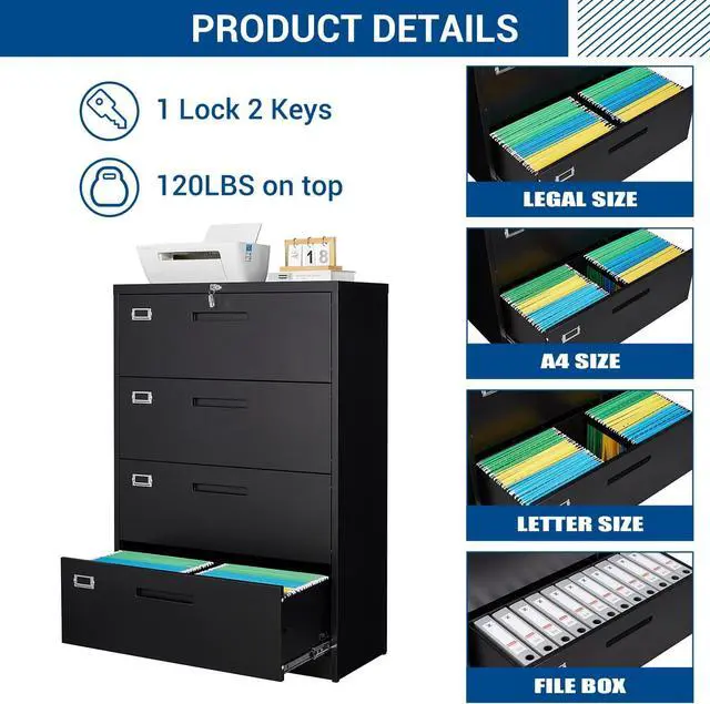 Alt view image 5 of 7 - Lateral File Cabinet with Lock, 4 Drawer Large Metal Filing Cabinet,Home Office Lockable Storage Cabinet for Hanging Files Letter/Legal/F4/A4 Size-Assembly Required