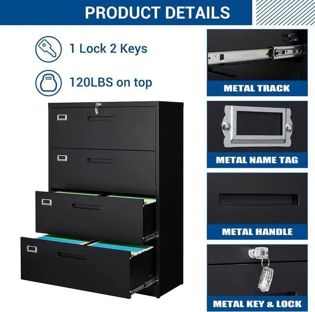 Alt view image 6 of 7 - Lateral File Cabinet with Lock, 4 Drawer Large Metal Filing Cabinet,Home Office Lockable Storage Cabinet for Hanging Files Letter/Legal/F4/A4 Size-Assembly Required