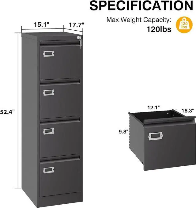 Alt view image 3 of 7 - 4 Drawer File Cabinet with Lock, Metal Filing Cabinets, Vertical Small Filing Cabinet Steel Lockable Storage Cabinets for Home Office to Organization Hanging Letter/Legal/F4/A4