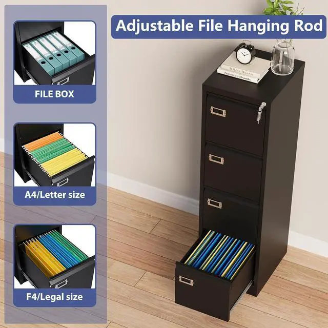 Alt view image 4 of 7 - 4 Drawer File Cabinet with Lock, Metal Filing Cabinets, Vertical Small Filing Cabinet Steel Lockable Storage Cabinets for Home Office to Organization Hanging Letter/Legal/F4/A4