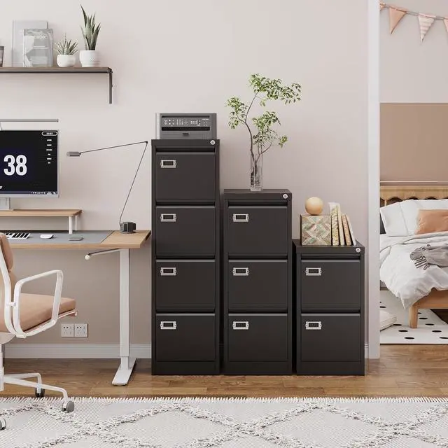 Alt view image 7 of 7 - 4 Drawer File Cabinet with Lock, Metal Filing Cabinets, Vertical Small Filing Cabinet Steel Lockable Storage Cabinets for Home Office to Organization Hanging Letter/Legal/F4/A4