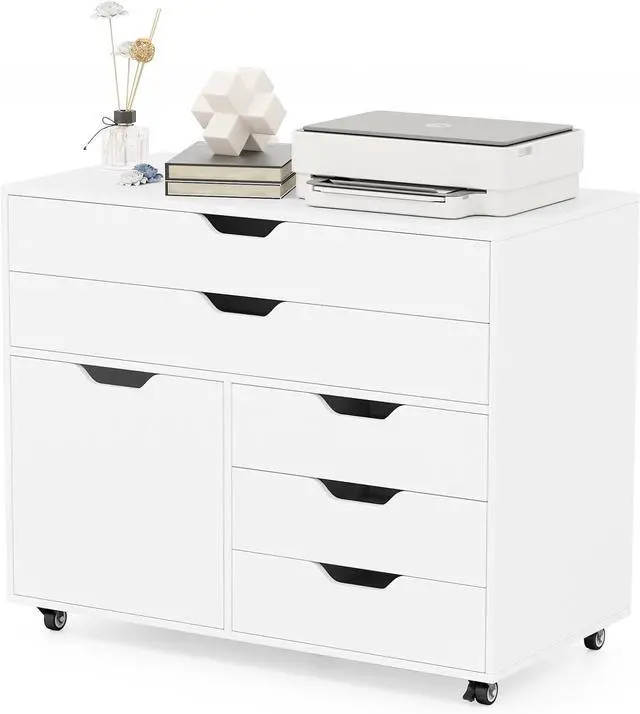 Main image of File Cabinet, Rolling Lateral Filing Cabinet with 2 Large Drawers, 3 Small Drawers, Side Cabinet, Wheels, Load 220 Lbs, Office Craft Storage Organization, Mobile Storage Cabinet, Printer Stand