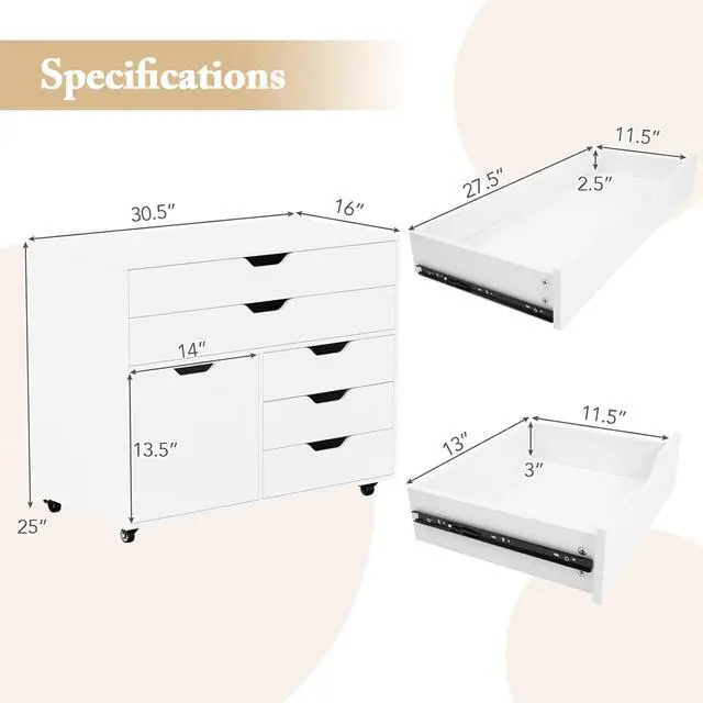 Alt view image 3 of 7 - File Cabinet, Rolling Lateral Filing Cabinet with 2 Large Drawers, 3 Small Drawers, Side Cabinet, Wheels, Load 220 Lbs, Office Craft Storage Organization, Mobile Storage Cabinet, Printer Stand