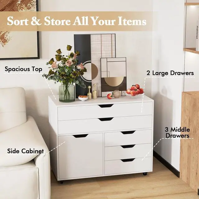 Alt view image 5 of 7 - File Cabinet, Rolling Lateral Filing Cabinet with 2 Large Drawers, 3 Small Drawers, Side Cabinet, Wheels, Load 220 Lbs, Office Craft Storage Organization, Mobile Storage Cabinet, Printer Stand