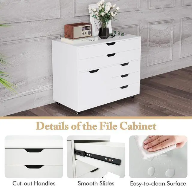 Alt view image 6 of 7 - File Cabinet, Rolling Lateral Filing Cabinet with 2 Large Drawers, 3 Small Drawers, Side Cabinet, Wheels, Load 220 Lbs, Office Craft Storage Organization, Mobile Storage Cabinet, Printer Stand