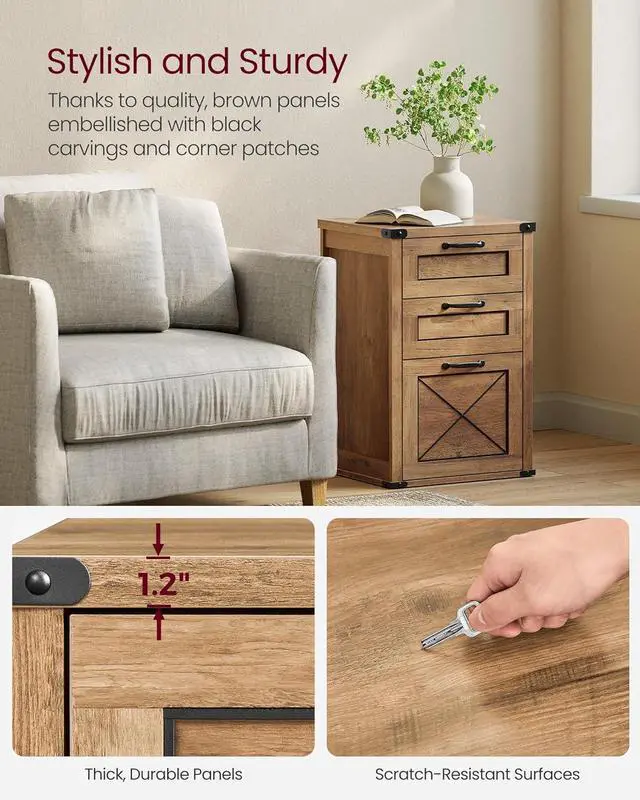 Alt view image 6 of 7 - File Cabinet, Filing Cabinet with 3 Drawers, Printer Stand, Fit A4, Letter Size, Hanging File Folders, Modern Farmhouse Style, for Home Office, Honey Brown UOFC054T41