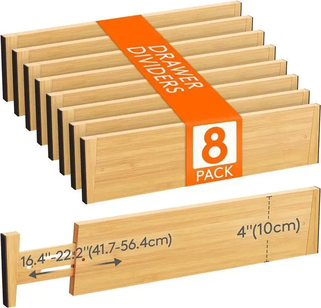 Main image of 8 Pack Drawer Dividers Bamboo 4" High, 16-22" Adjustable Drawer Organizers for Clothes, Expandable Dresser Separators in Bedroom/Bathroom/Kitchen/Fridge/Office Organization and Storage