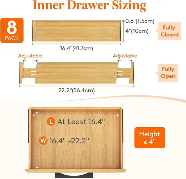 Alt view image 2 of 7 - 8 Pack Drawer Dividers Bamboo 4" High, 16-22" Adjustable Drawer Organizers for Clothes, Expandable Dresser Separators in Bedroom/Bathroom/Kitchen/Fridge/Office Organization and Storage